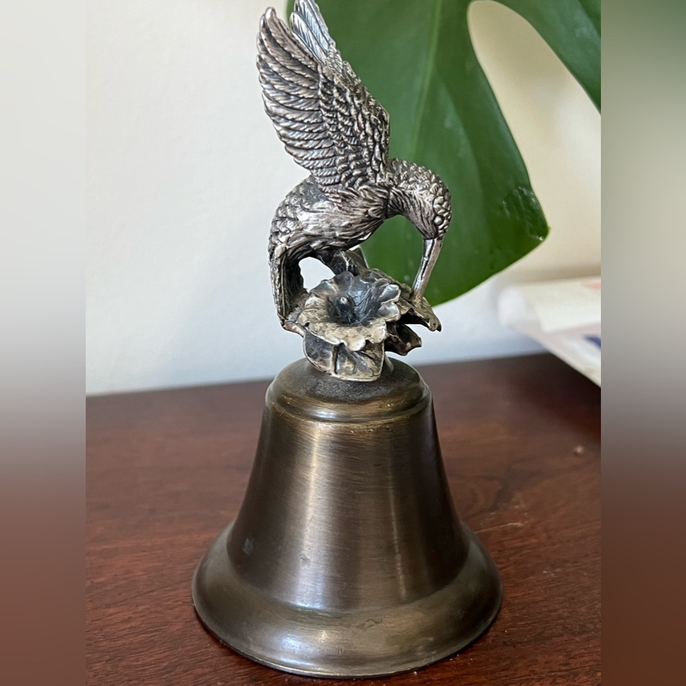 Vintage Pewter Hummingbird On Brass Bell Collectible About 5" Tall